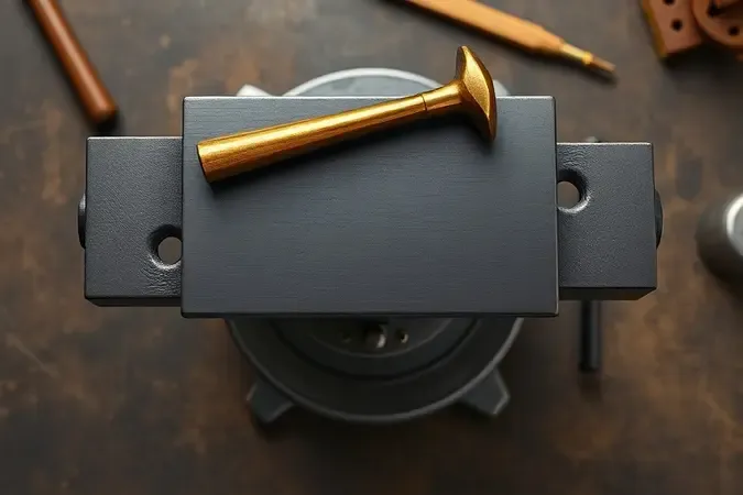 Renderização 3D de morsa de bancada com bigorna integrada e martelo de latão ao lado para trabalhos com percussão.
