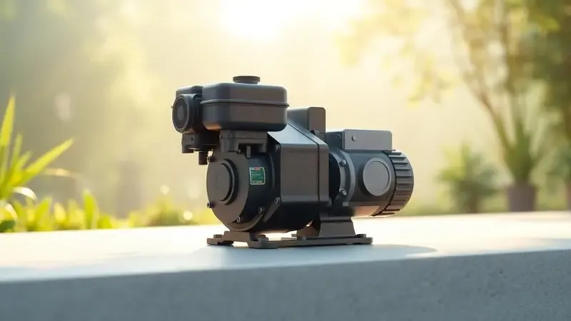 Motobomba genérica para irrigação em renderização 3D conceitual com elementos naturais sutis e iluminação equilibrada.