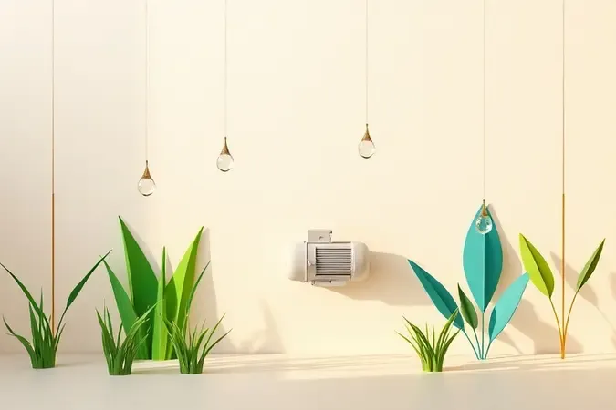 Renderização 3D conceitual de motobomba para irrigação com elementos abstratos de agricultura e gotas de água estilizadas