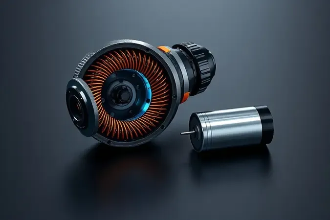Renderização 3D conceitual de motor brushless com enrolamentos de cobre e célula de bateria de íons de lítio em vista explodida.