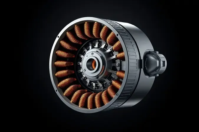 Renderização 3D em corte transversal de motor brushless de parafusadeira mostrando enrolamentos de cobre e ímãs permanentes internos