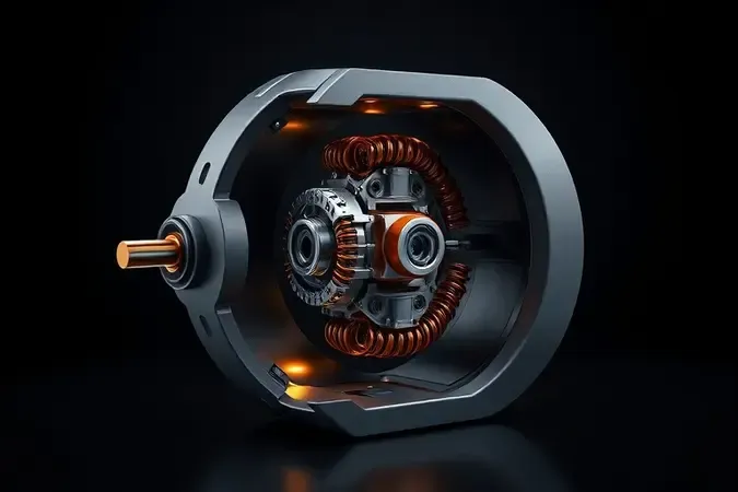 Renderização 3D de motor brushless em corte transversal revelando componentes internos de cobre e ímãs