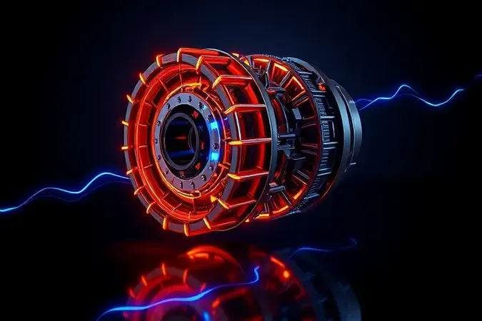 Conceito 3D de motor elétrico potente com enrolamentos de cobre brilhantes e arcos de energia azul