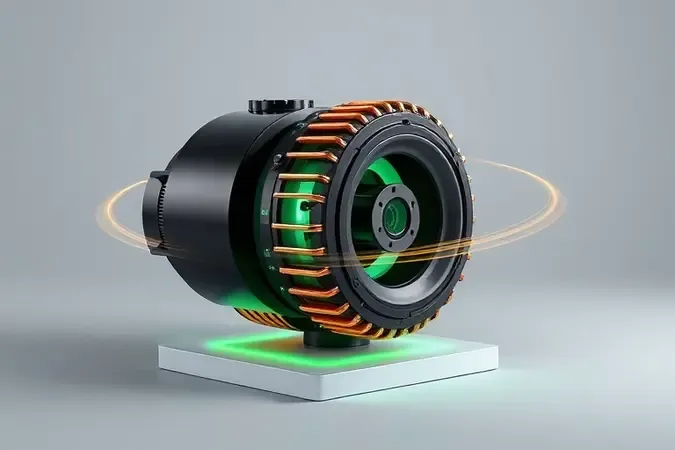 Renderização 3D de componente de motor elétrico estilizado representando potência de cortador de grama.