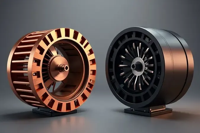 Comparação conceitual 3D entre motor de indução e motor universal com componentes mecânicos abstratos lado a lado.