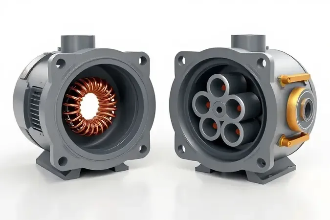 Comparação conceitual entre motor monofásico e trifásico para betoneiras, com destaque para bobinas de cobre em render 3D.