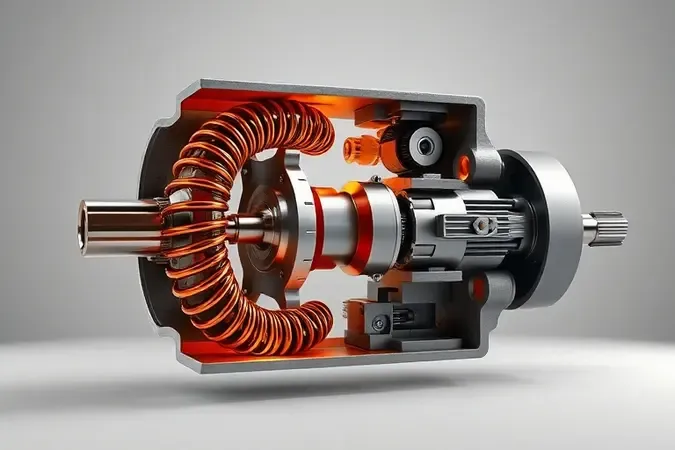 Renderização 3D conceitual mostrando corte transversal de motor de plaina elétrica com bobinas de cobre e componentes mecânicos