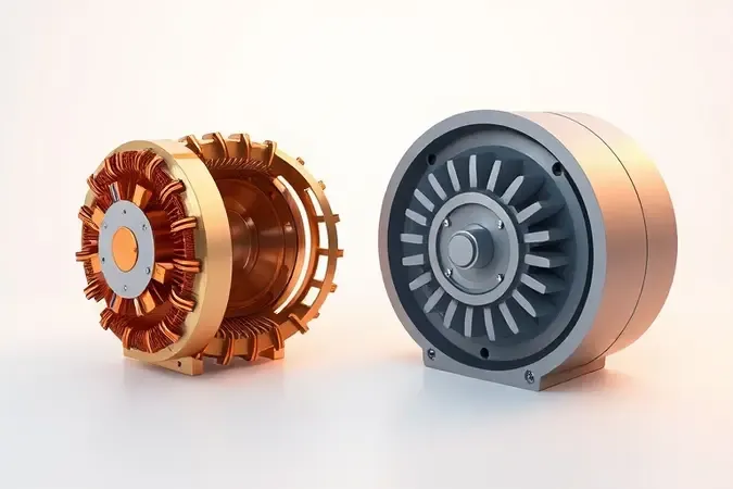 Comparação conceitual em 3D entre motor universal e motor de indução para lavadoras de alta pressão com design minimalista.
