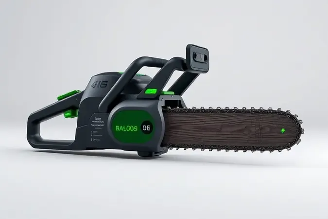 Motosserra elétrica a bateria com pack de bateria destacável em render 3D representando mobilidade e conveniência