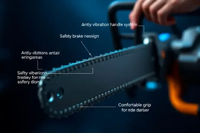 Close-up 3D de motosserra genérica com detalhes ergonômicos, sistema antivibração e freio de segurança em destaque.