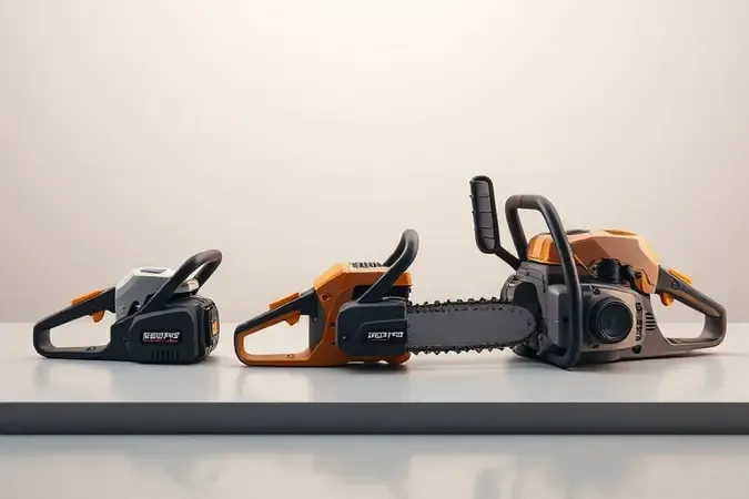 Três motosserras conceituais de tamanhos diferentes para necessidades variadas de corte em renderização 3D
