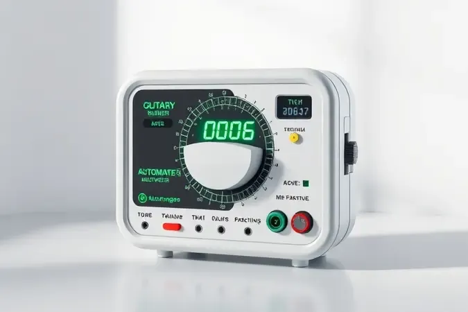Render 3D de multímetro digital automático com dial simplificado destacando facilidade de uso e eficiência