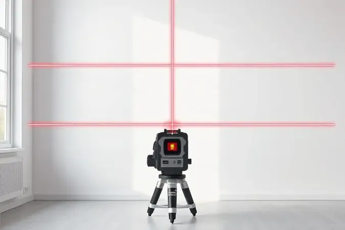 Ilustração 3D de nível laser projetando linhas vermelhas horizontais e verticais em parede branca em ambiente interno moderno