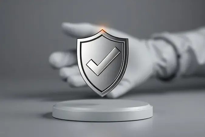 Símbolo de escudo metálico com verificação flutuando sobre superfície limpa representando normas e certificação de luvas de proteção.