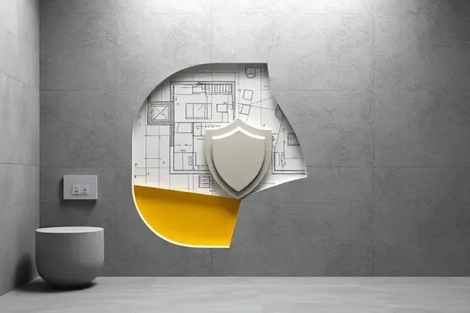 Render 3D conceitual com símbolo de proteção e elemento de projeto técnico representando normas de impermeabilização.