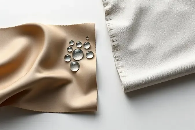 Render 3D comparando texturas de tecido nylon e lona para bolsas de ferramentas com gotas d'água