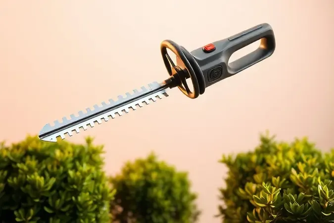 Ilustração 3D conceitual de um aparador de cerca viva moderno com lâminas duplas e design ergonômico