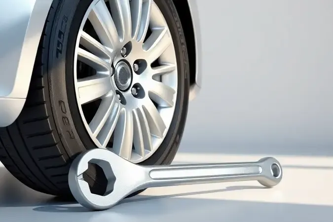 Render 3D conceitual de chave de roda metálica ao lado de uma roda automotiva estilizada em superfície limpa de estúdio.