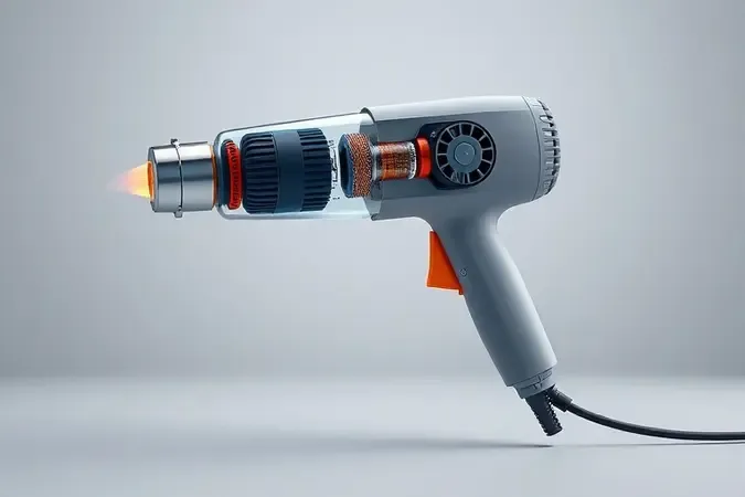 Render 3D conceitual mostrando a estrutura interna de um soprador térmico com componentes visíveis de forma artística