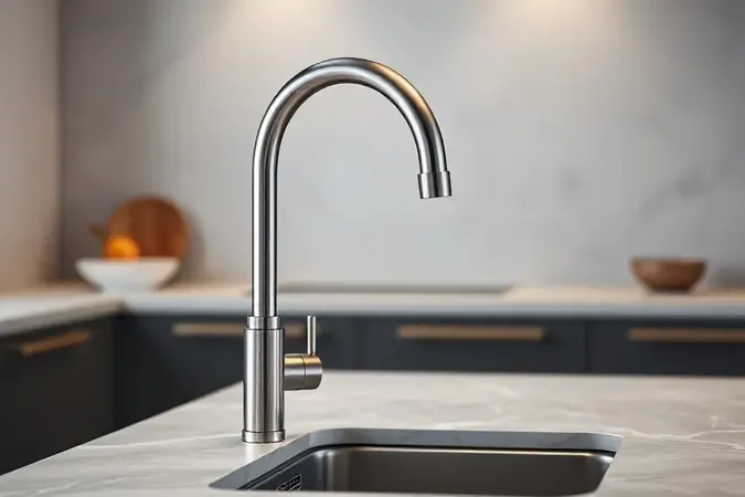 Renderização 3D conceitual de torneira gourmet moderna com design elegante e bica alta em cozinha clean