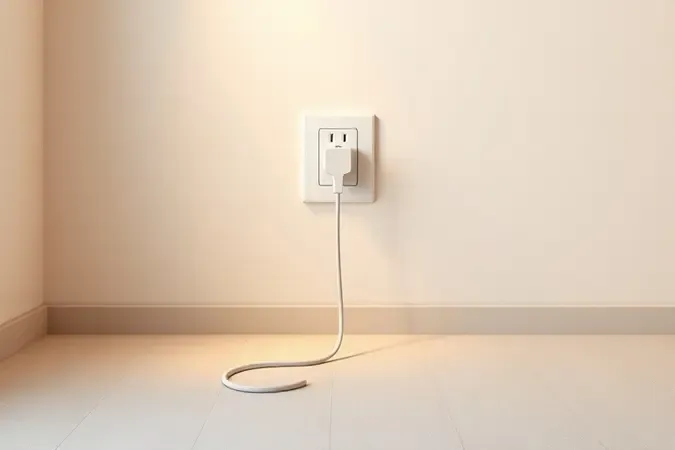 Renderização 3D conceitual de extensão elétrica simples conectada a tomada de parede em ambiente minimalista e limpo.