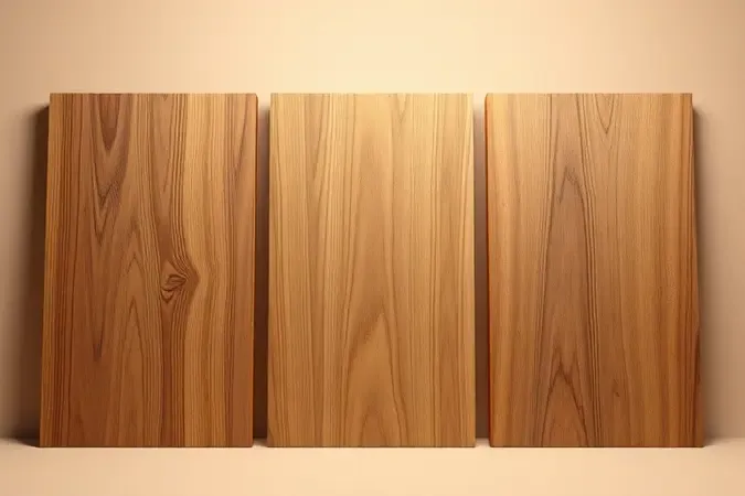 Três painéis de madeira com acabamentos fosco, acetinado e brilhante lado a lado em renderização 3D conceitual