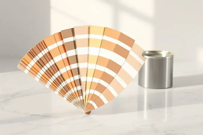 Renderização 3D de leque de amostras de cores com tons neutros e terrosos sobre superfície de mármore com lata de tinta ao fundo.