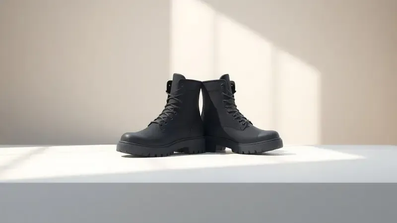 Par de botas de segurança modernas com biqueira reforçada e solado antiderrapante em renderização 3D conceitual sobre superfície branca impecável.