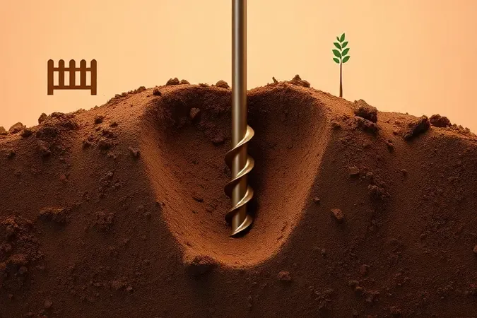 Ilustração 3D conceitual mostrando perfurador de solo penetrando camadas de terra com exemplos visuais de aplicações como cercas e plantio