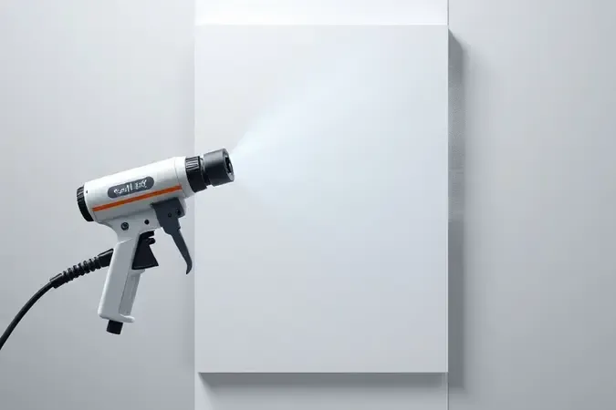 Renderização 3D de pistola de pintura elétrica aplicando tinta em superfície abstrata com névoa fina e iluminação profissional.
