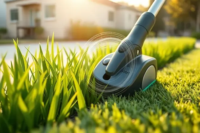 Render 3D conceitual de cabeça de roçadeira a bateria aparando grama com precisão em jardim moderno e minimalista.