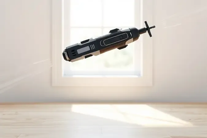 Parafusadeira sem fio conceitual flutuando em ambiente luminoso com trilhas de movimento representando versatilidade em render 3D.
