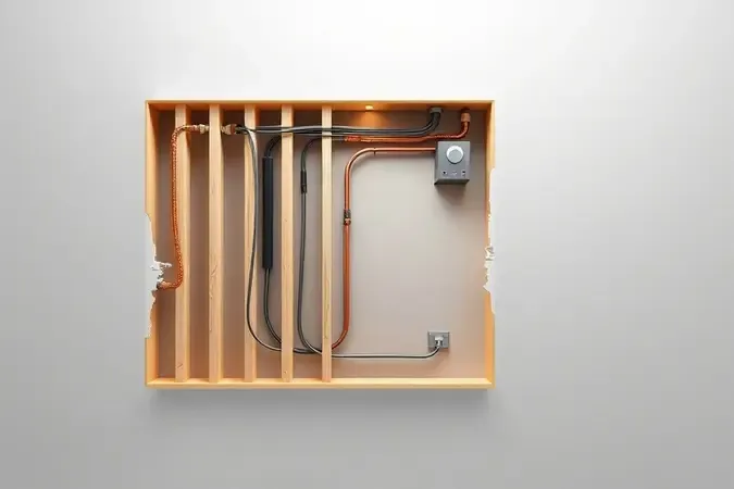Ilustração 3D de parede com corte transversal revelando vigas de madeira, canos de cobre e fiação elétrica internos