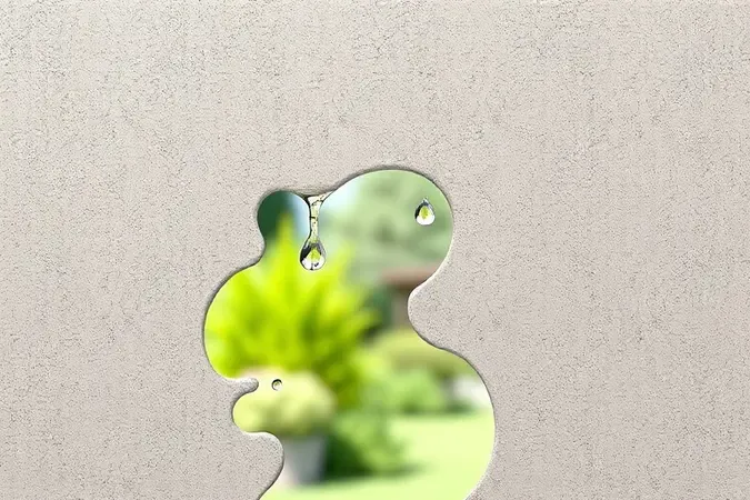 Render 3D de parede externa com gotas de água escorrendo pela superfície impermeabilizada, demonstrando efeito hidrorrepelente.