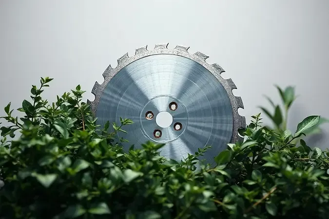 Render 3D conceitual de lâmina de corte de alto desempenho em ação com iluminação profissional e vegetação ao fundo
