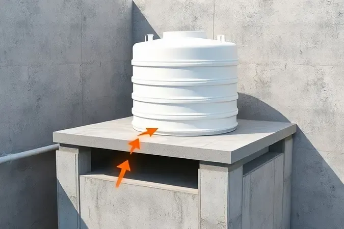 Ilustração 3D conceitual do peso de caixa d'água sobre laje com indicadores de distribuição de carga estrutural