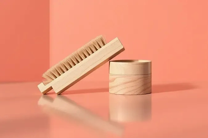 Composição conceitual minimalista com pincel e recipiente para aplicação de verniz sobre fundo neutro.