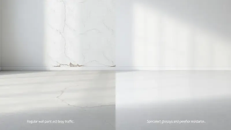 Comparação conceitual 3D entre piso com tinta comum desgastada e piso com tinta específica durável e resistente.