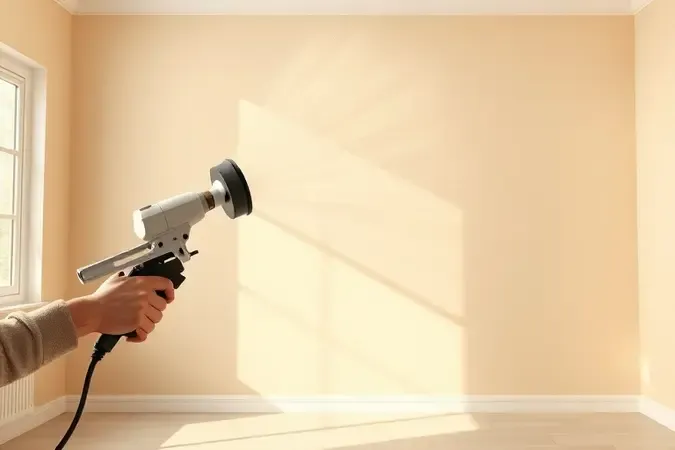 Parede interna recebendo pintura uniforme com pistola elétrica, destacando acabamento profissional em renderização 3D.