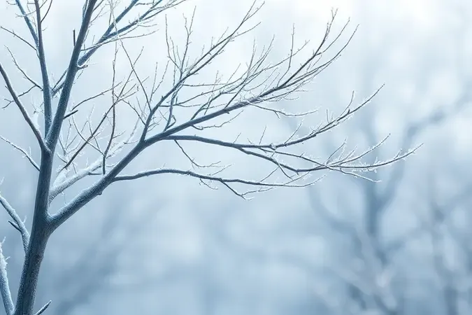 Árvore estilizada de inverno com galhos geométricos e corte de poda preciso destacado em composição minimalista e atmosfera fria.