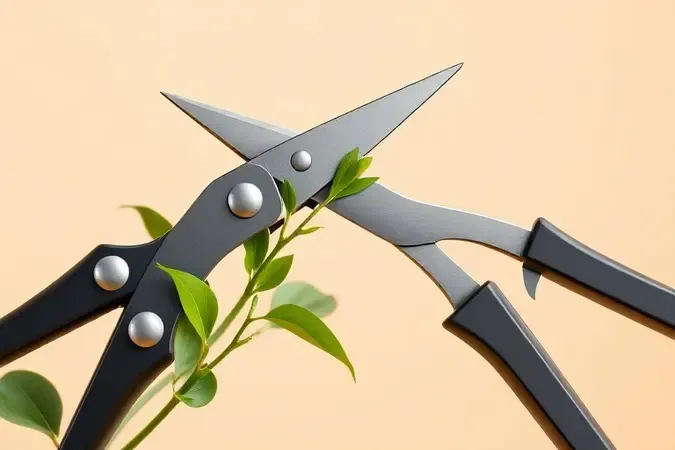 Tesoura de poda cortando galho verde em close-up conceitual com iluminação suave e fundo neutro
