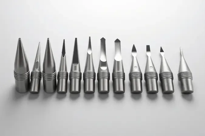 Variedade de pontas intercambiáveis para ferro de solda em renderização 3D profissional.