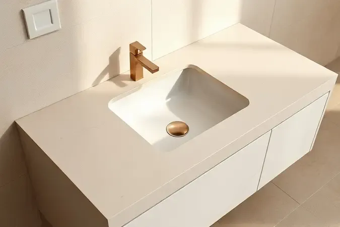Renderização 3D de bancada e cuba esculpidas em porcelanato contínuo, demonstrando versatilidade do material além do piso.