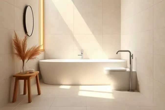 Canto de banheiro com porcelanato em tons neutros quentes bege e taupe, iluminado por luz natural suave em renderização 3D conceitual.