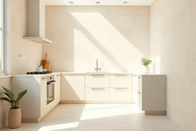 Cozinha compacta com porcelanato em tons claros ampliando visualmente o ambiente com iluminação natural.