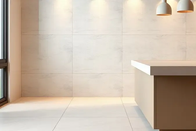 Render 3D conceitual mostrando aplicações de porcelanato em piso, parede e bancada de cozinha com tons neutros.