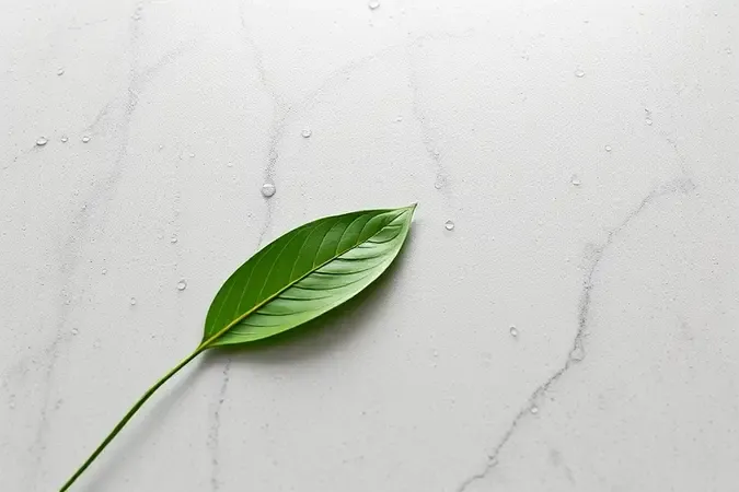 Render 3D conceitual de close-up de porcelanato com gotas de água e folha verde, representando resistência e fácil limpeza.
