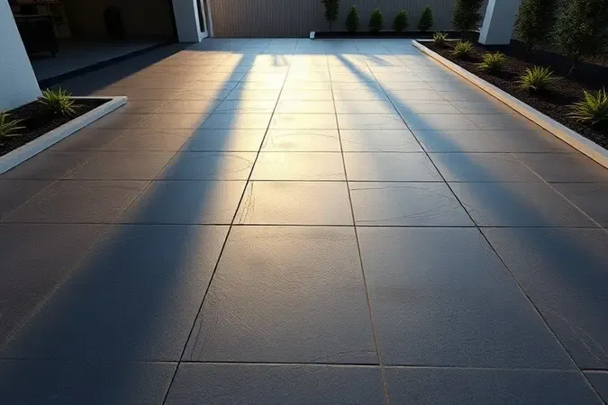 Render 3D de garagem externa com porcelanato cinza escuro de alta resistência para tráfego de veículos e fachada moderna.