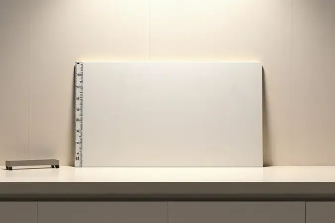Cena conceitual 3D mostrando porcelanato de grande formato sendo medido com precisão em bancada de trabalho moderna.