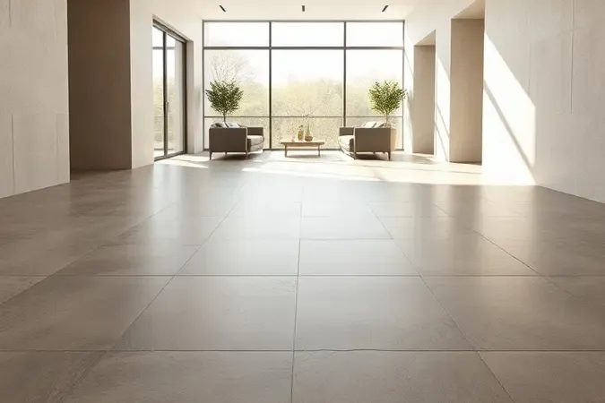 Render 3D conceitual de sala ampla com porcelanato de grandes formatos destacando superfície contínua e rejuntes mínimos